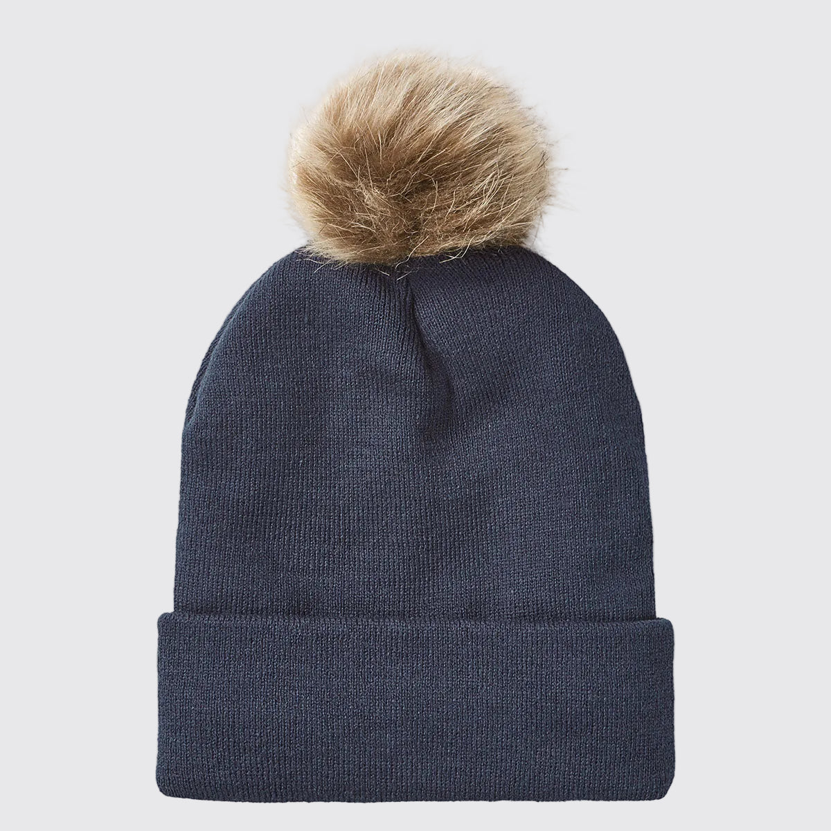 Rear view of a navy blue ribbed knit beanie with a folded cuff and a large faux-fur pom-pom attached at the crown, displayed against a light grey background. The beanie features a clean, unbranded back with a fine-knit texture and subtle central seam shaping beneath the pom-pom. The soft, fluffy pom-pom adds a stylish winter detail, while the stretch-knit construction and cuffed design highlight the beanie's warmth, comfort, and suitability for everyday cold-weather wear.

