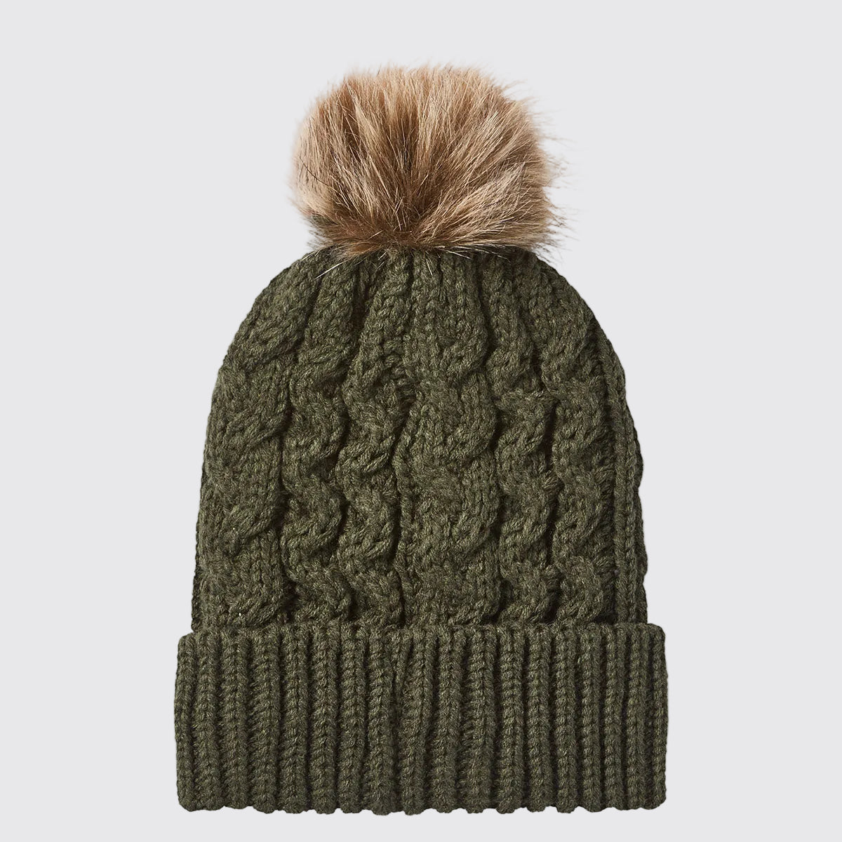 Rear view of an olive green cable-knit beanie with a ribbed cuff and a large faux-fur pom-pom attached at the crown, displayed against a light grey background. The beanie features an all-over textured cable-knit pattern and a clean, unbranded back. The chunky knit construction, deep ribbed cuff, and soft pom-pom detail are clearly visible, highlighting the hat's warmth, comfort, and classic cold-weather styling.
