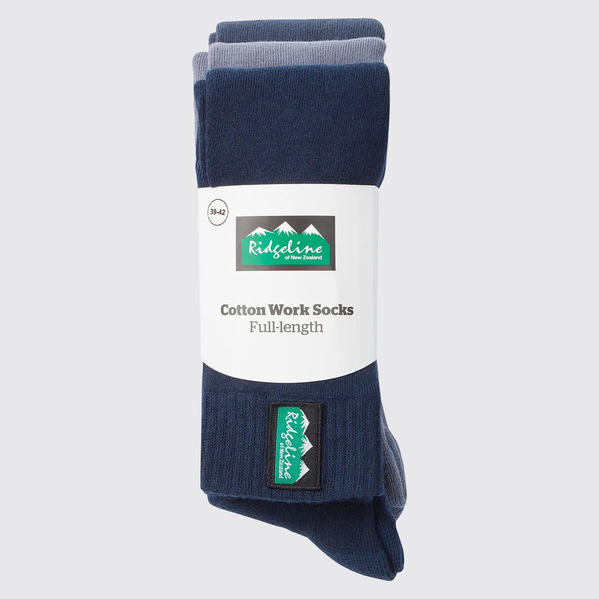 Pack of three full-length cotton work socks in navy and grey colourways, bundled together with a white Ridgeline-branded paper sleeve. The packaging displays the Ridgeline logo and the text “Cotton Work Socks – Full-length,” with the socks folded neatly to showcase the colours and ribbed knit construction against a light grey background.
