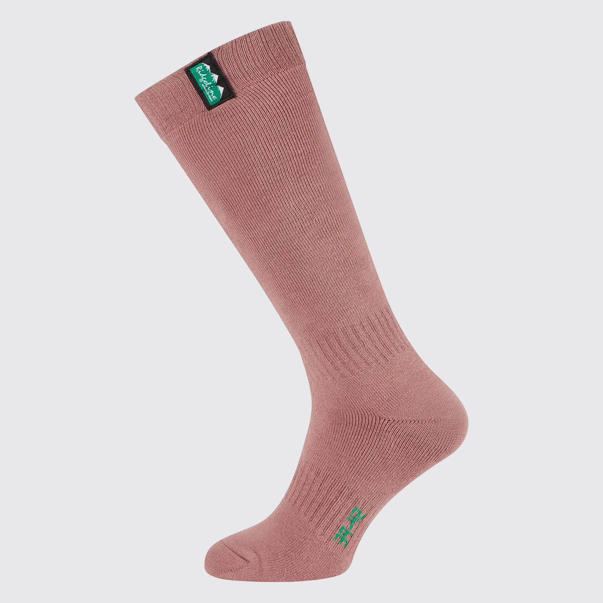 Dusty pink full-length cotton work sock with a ribbed knit design, shown individually against a light grey background to highlight coverage and fit.