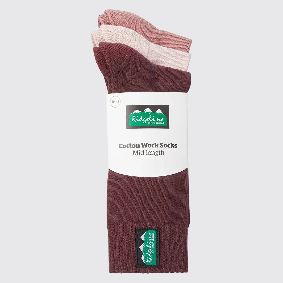 Pack of four ribbed mid-length cotton Ridgeline work socks in burgundy, dusty pink and beige tones on a grey background.