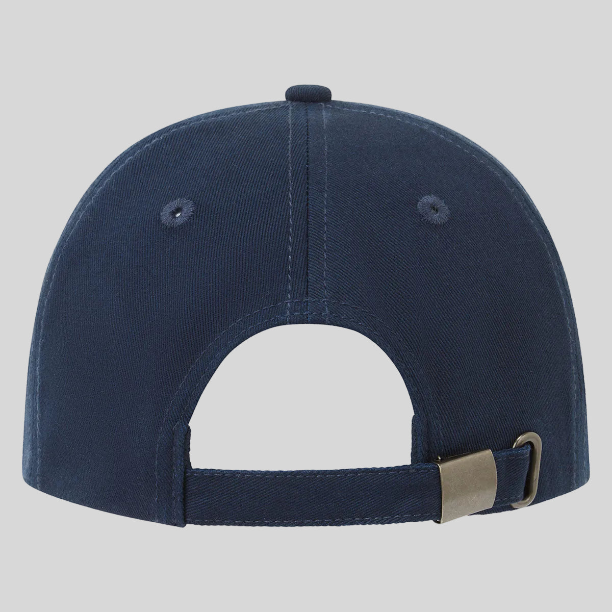 Navy blue cap with a silver strap on a white background