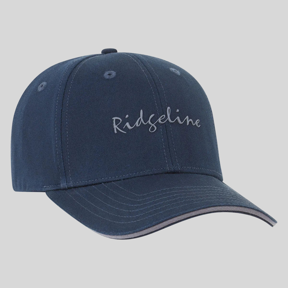 Blue cap with 'Ridgeline' branding on a white background