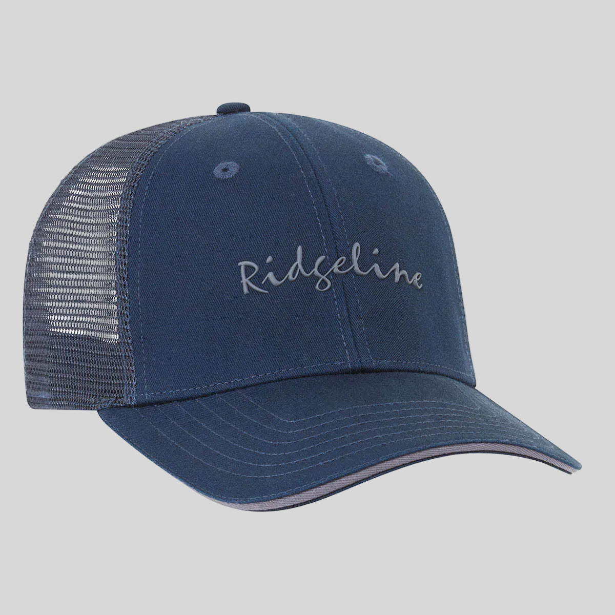 Blue cap with 'Ridgeline' branding on a white background
