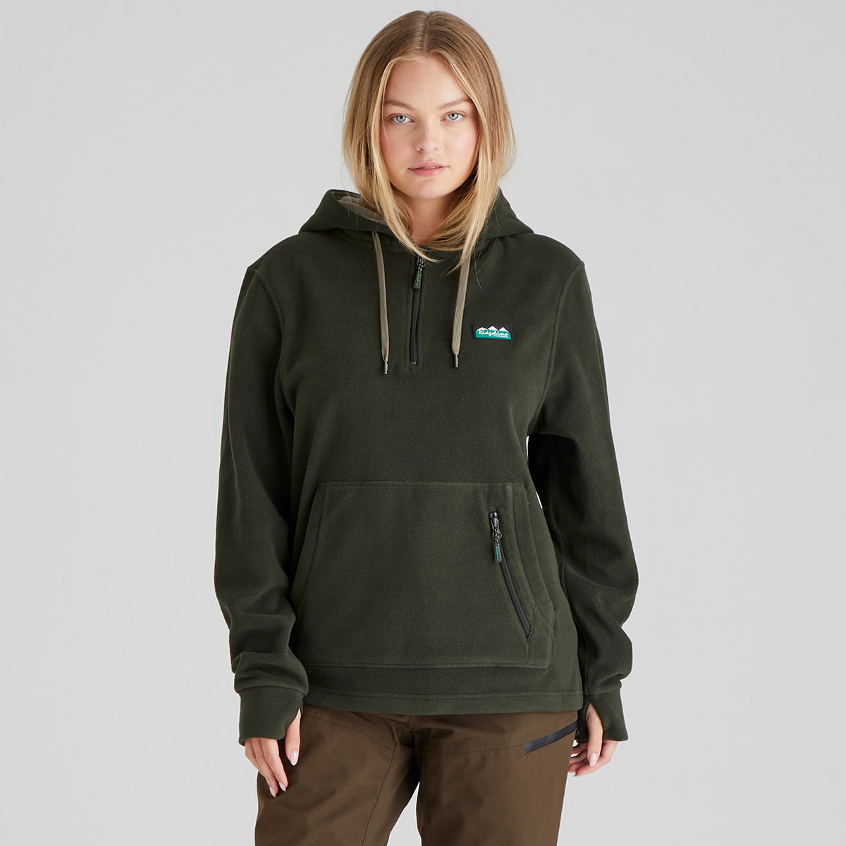 Person wearing a green fleece hoodie with a Ridgeline Clothing logo on a grey background