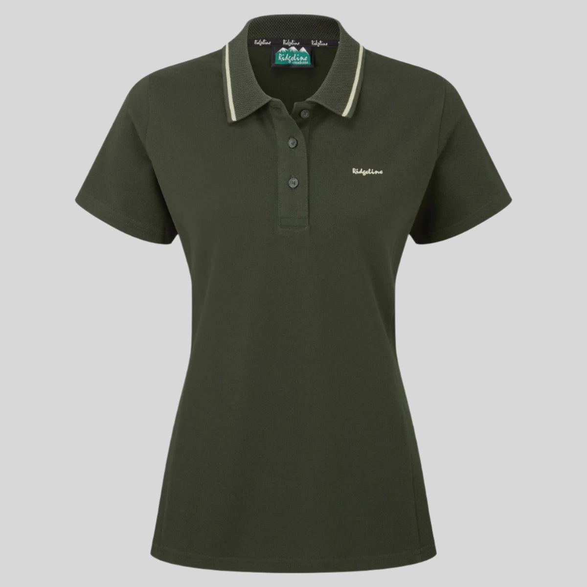 Green classic country polo shirt with a fully fashioned collar, branded collar trim, and a three-button placket. On a white background