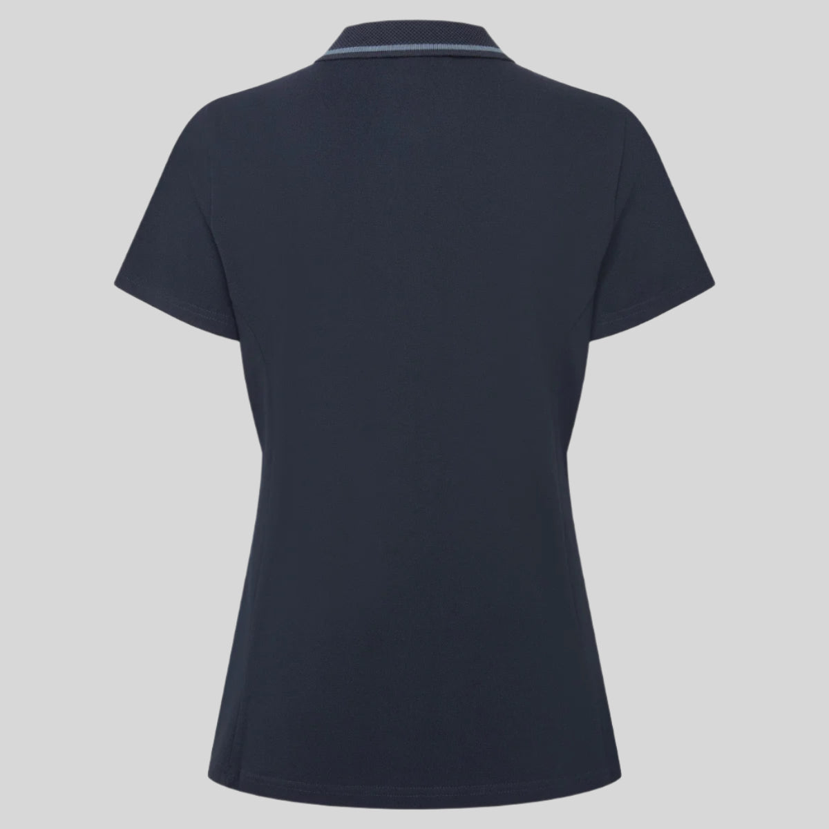 back view of navy blue polo shirt on a white background