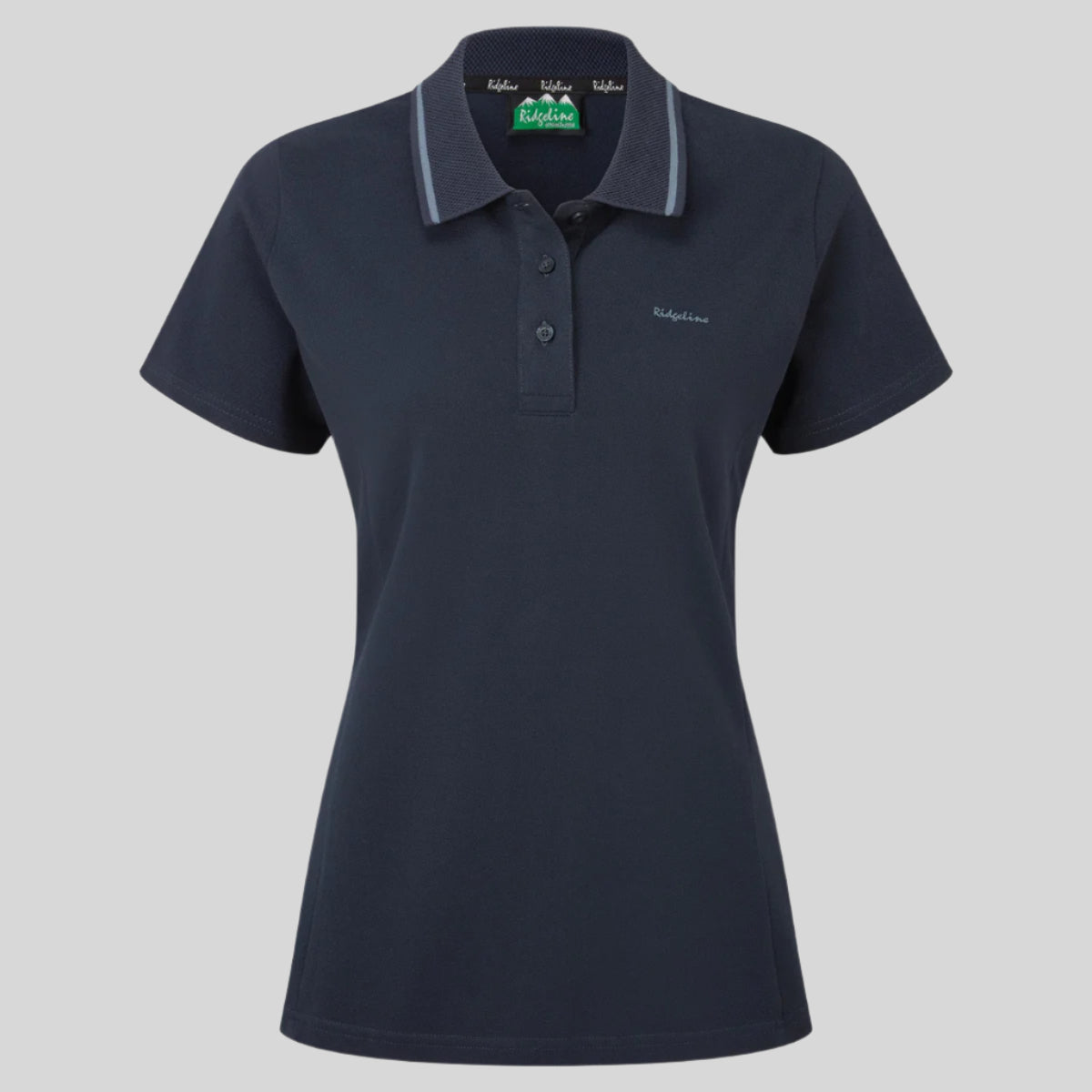 Navy blue classic country polo shirt with a fully fashioned collar, branded collar trim, and a three-button placket. On a white background 