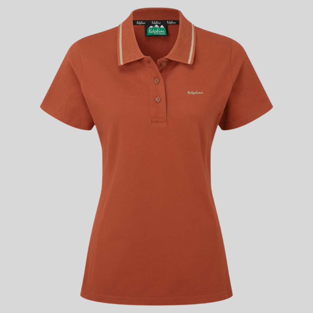 Orange classic country polo shirt with a fully fashioned collar, branded collar trim, and a three-button placket. On a white background