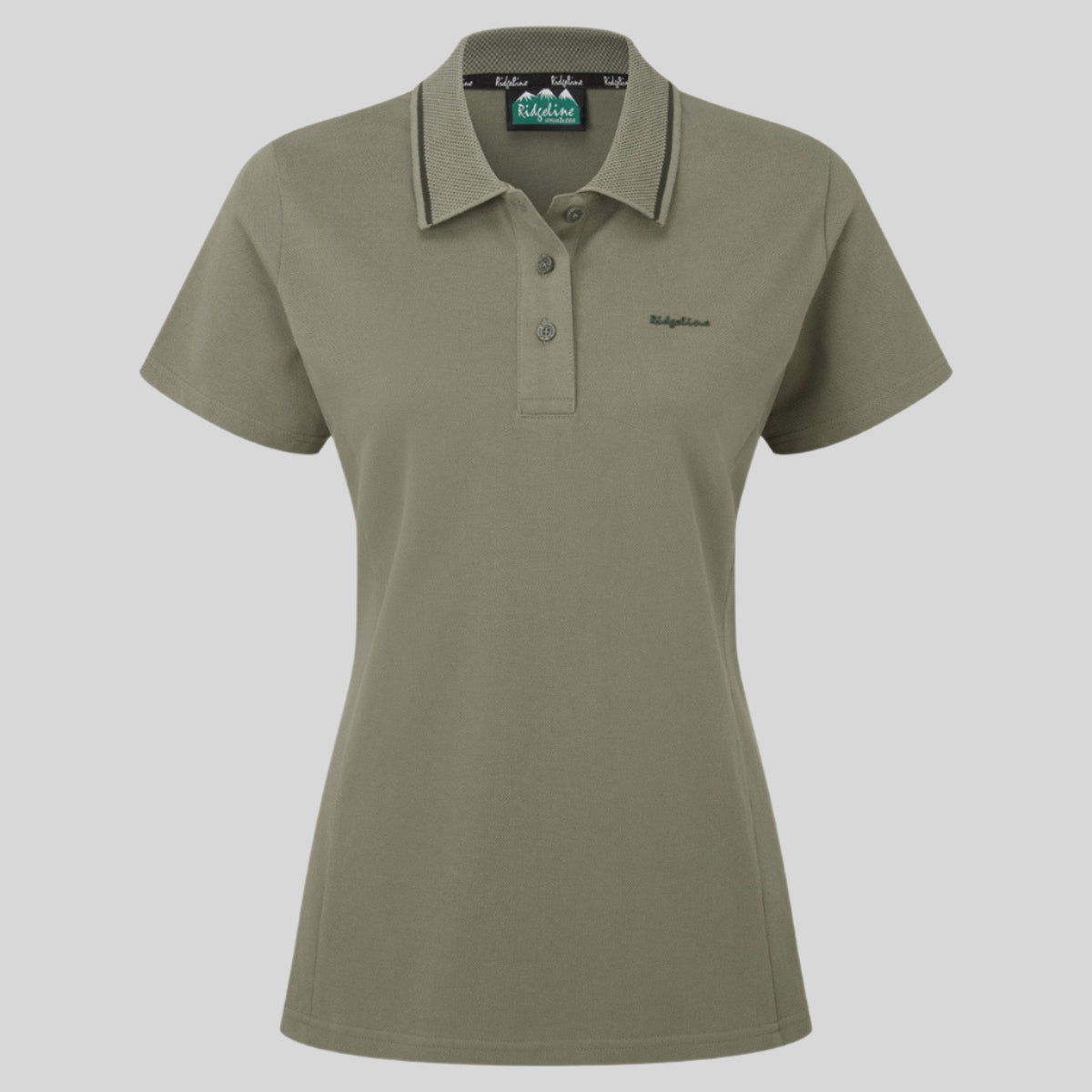 Olive green classic country polo shirt with a fully fashioned collar, branded collar trim, and a three-button placket. on a white background 