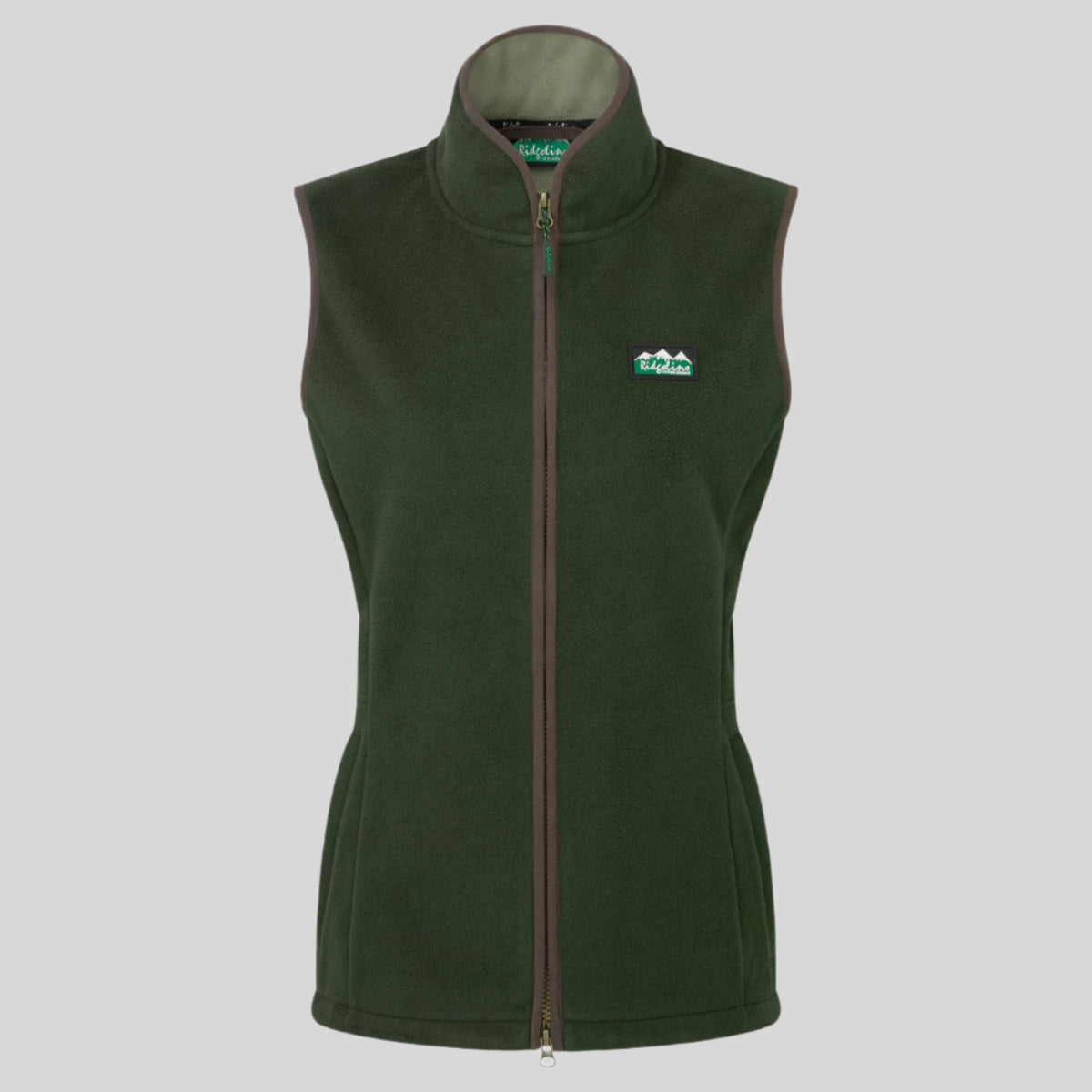 A green windproof fleece gilet with a high collar, two-way front zip, and two zipped hand pockets. It features a brand logo on the upper left side. On a white background