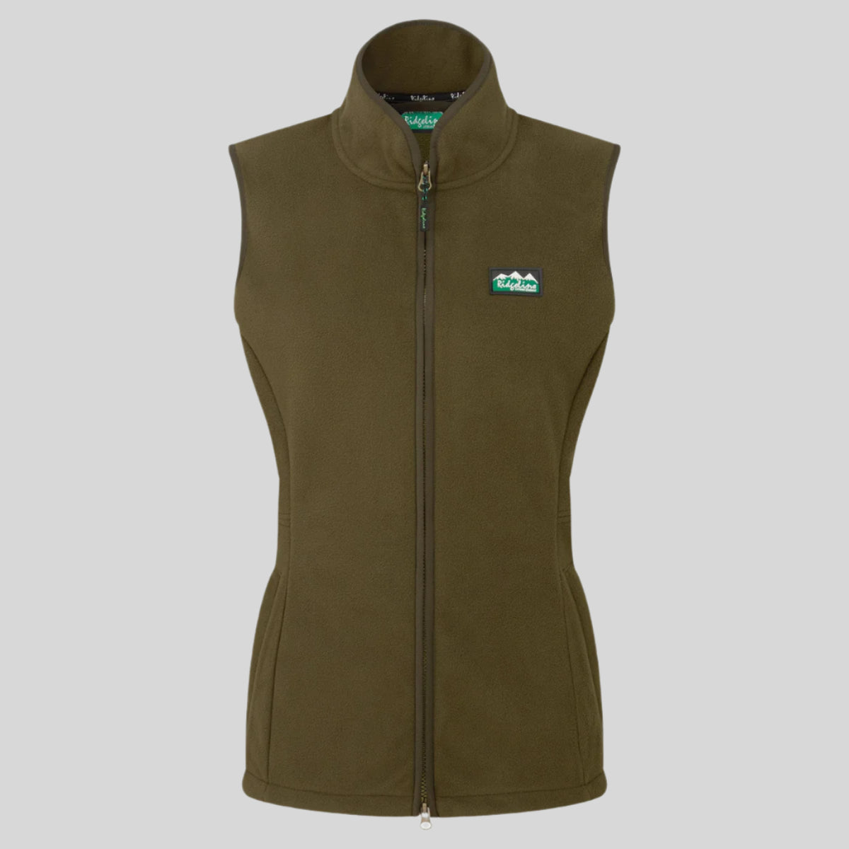 A brown fleece gilet with a high collar, two-way front zip, and two zipped hand pockets. It features a Ridgeline Clothing logo on the upper left side.