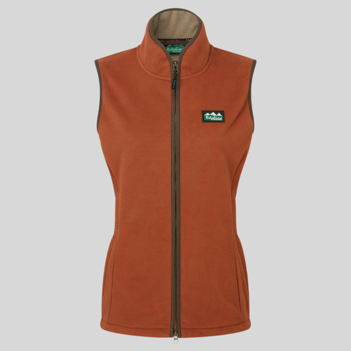 A orange fleece gilet with a high collar, two-way front zip, and two zipped hand pockets. It features a brand logo on the upper left side.