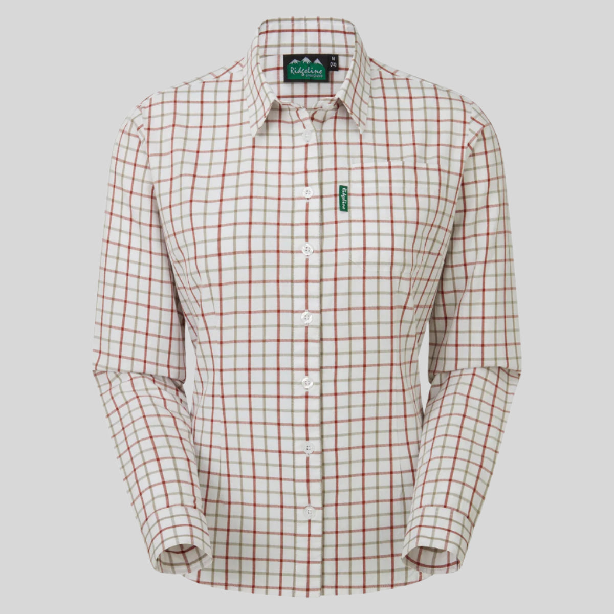 A checkered, long-sleeved, semi-formal white and orange shirt with a single chest pocket, collar, and a regular fit cut.