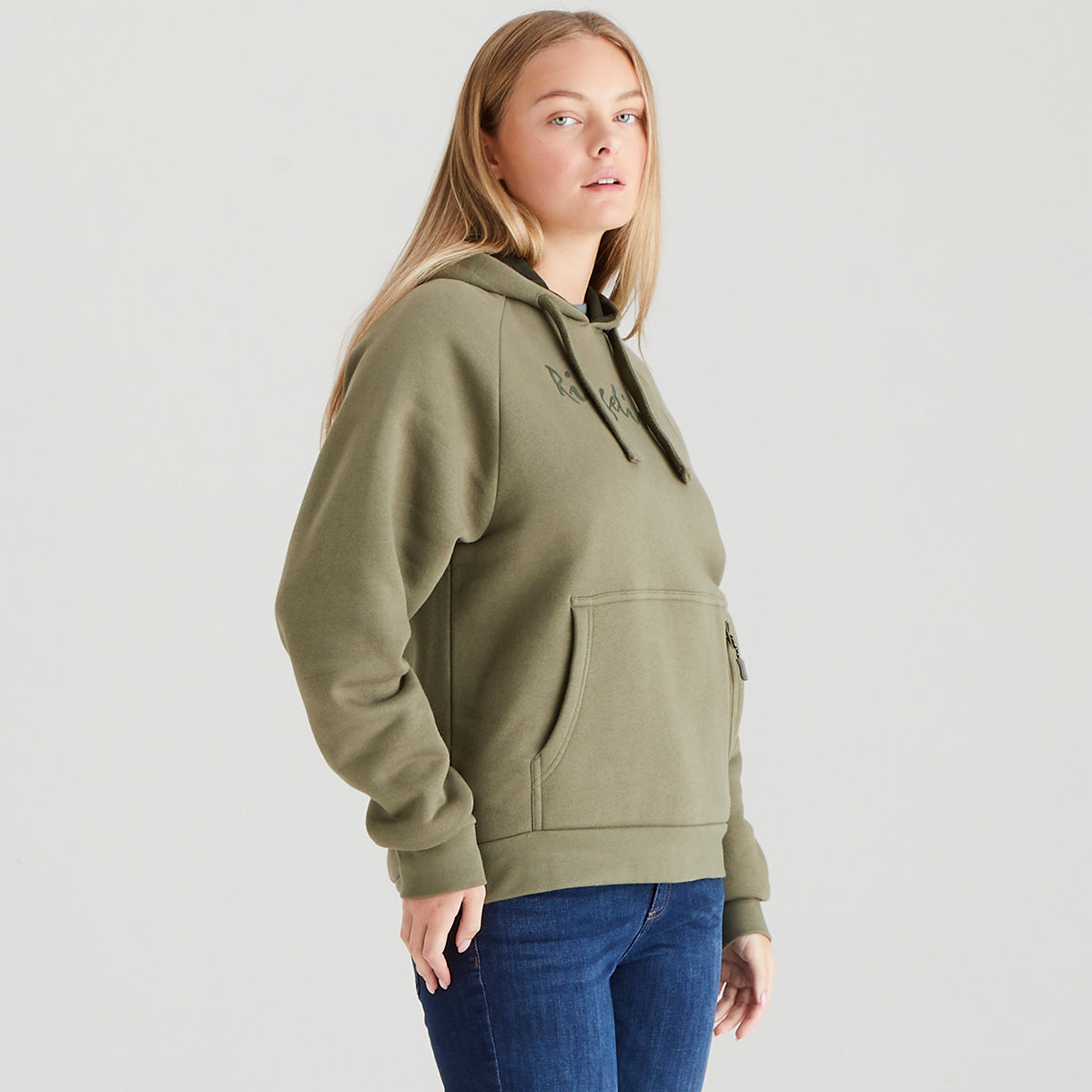 Person wearing a green hoodie and blue jeans on a light gray background