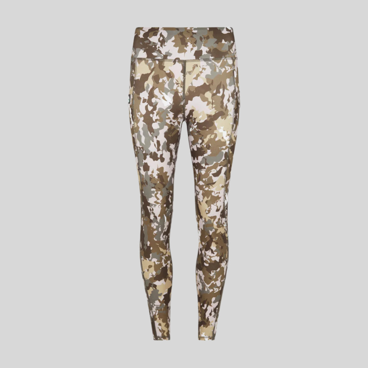 A pair of camouflage patterned leggings with a high waist and side pockets.