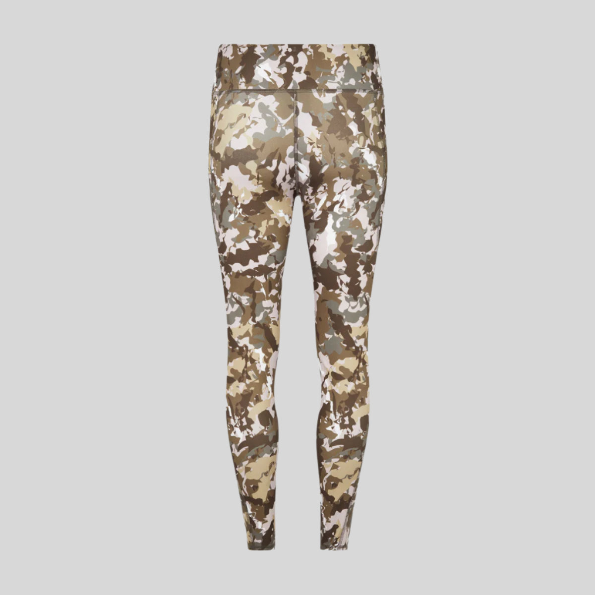 back view of camouflage patterned leggings with a high waist and side pockets.