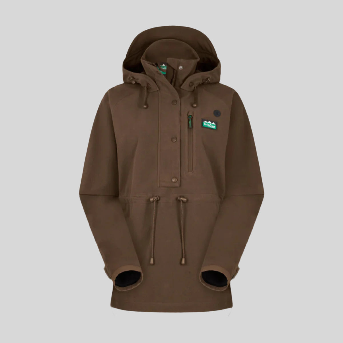 A brown Monsoon II Classic Smock with a hood, featuring a front zip and multiple pockets. on a white background