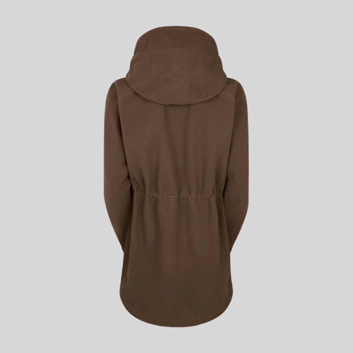 back view of a brown Monsoon II Classic Smock with a hood, featuring a front zip and multiple pockets. on a white background