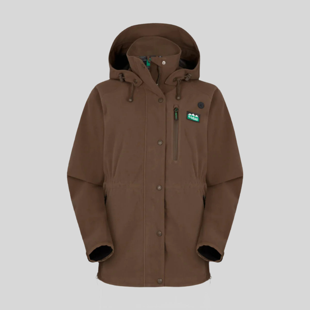 A brown full-zip waterproof  jacket with a hood, featuring a chest pocket and side hip zips, designed for outdoor use. on a white background