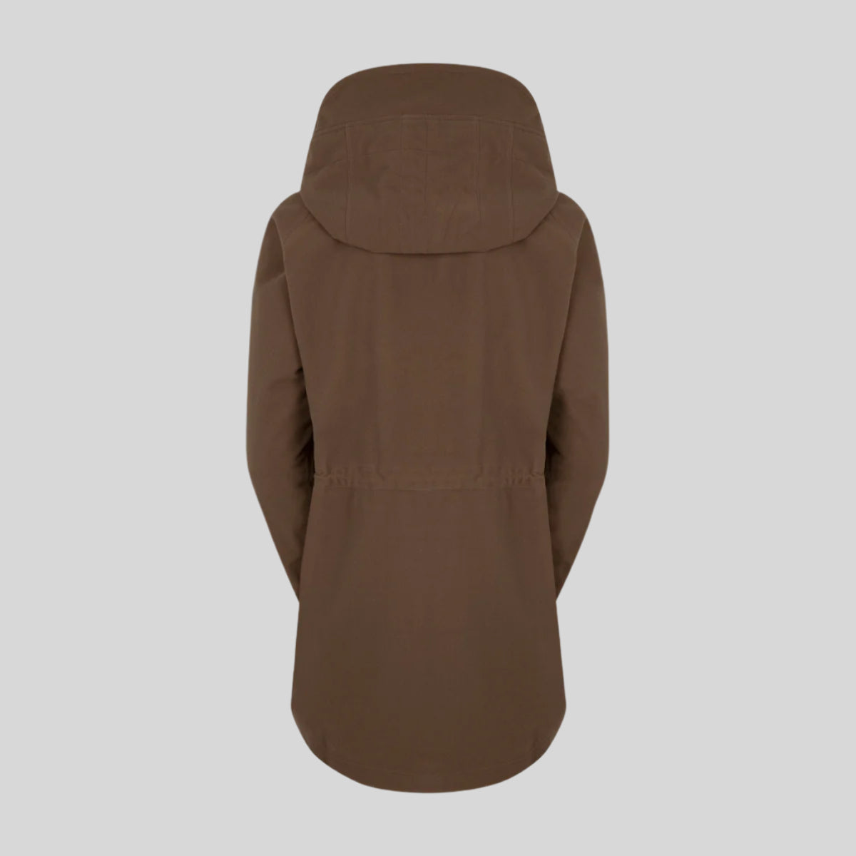 back view of A brown full-zip waterproof  jacket. on a white background