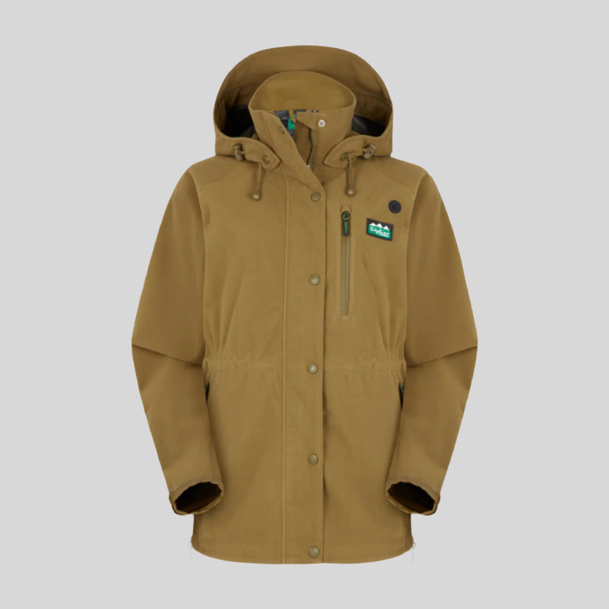 A brown full-zip jacket with a hood, featuring a chest pocket and side hip zips, designed for outdoor use. on a white background
