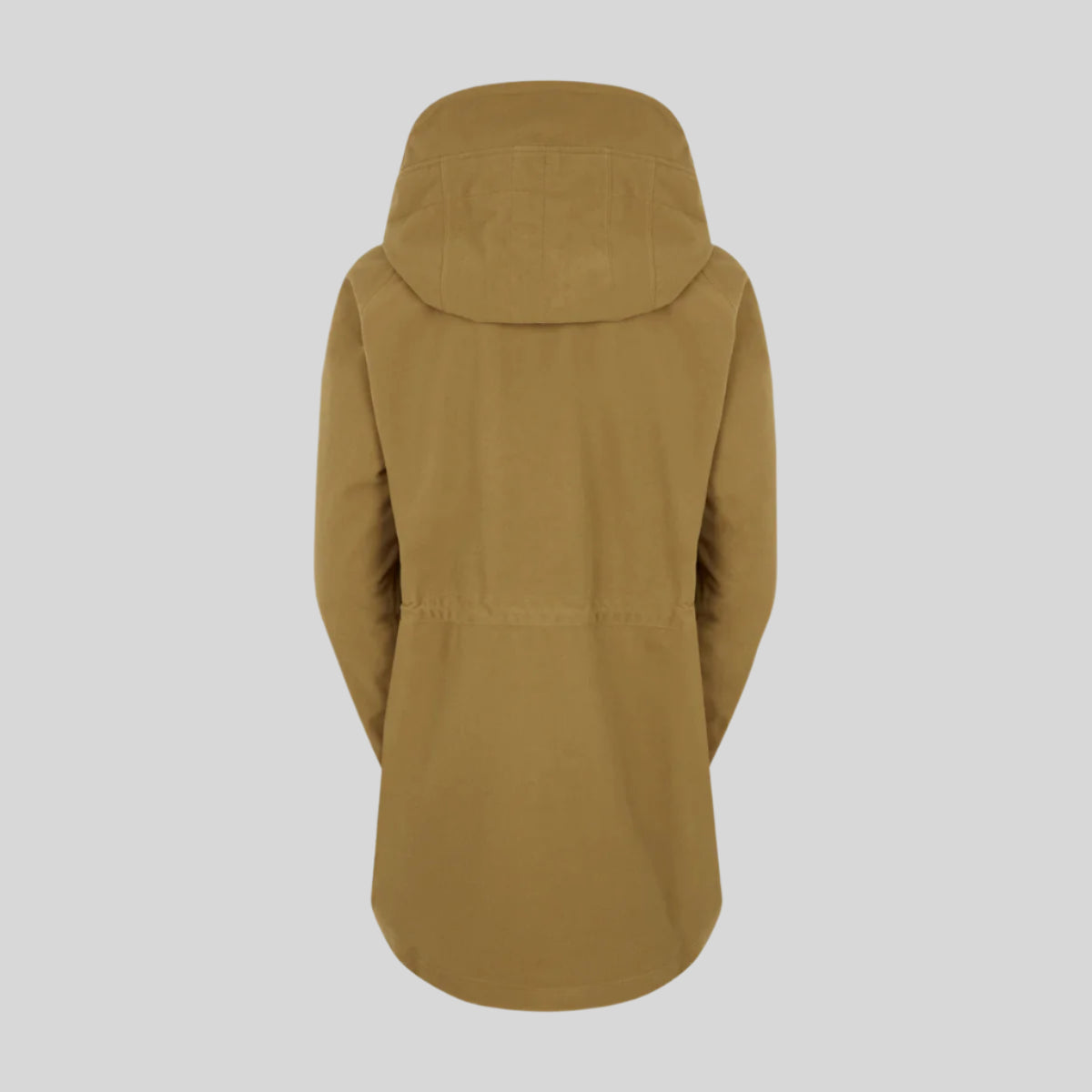 back view of brown hooded jacket on a white background