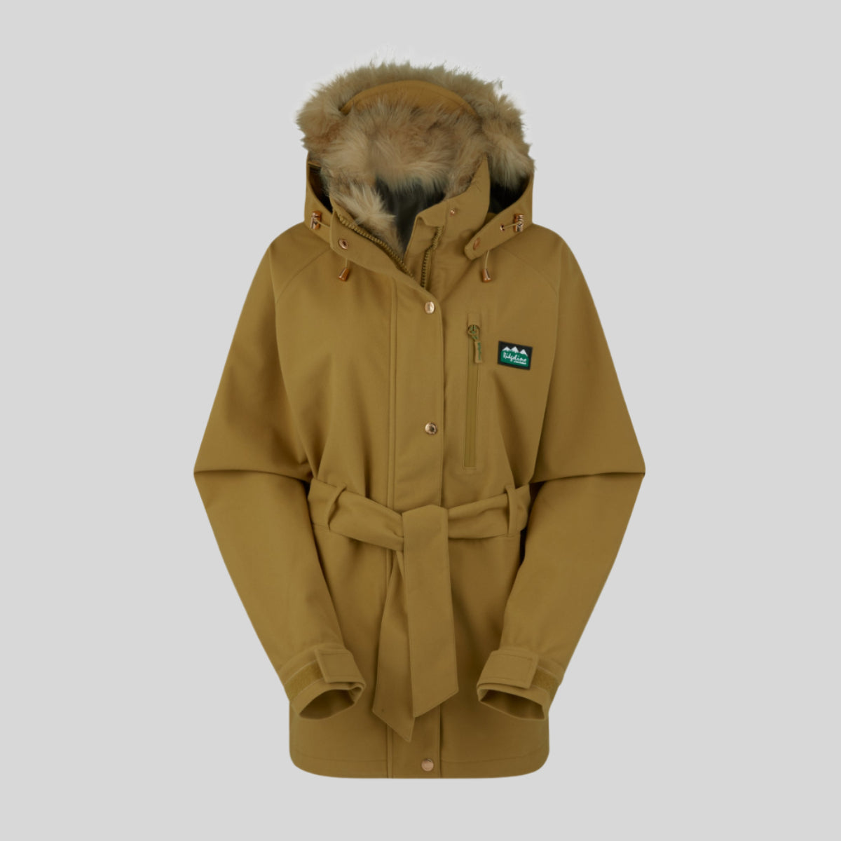 Brown winter coat with fur hood on a white background