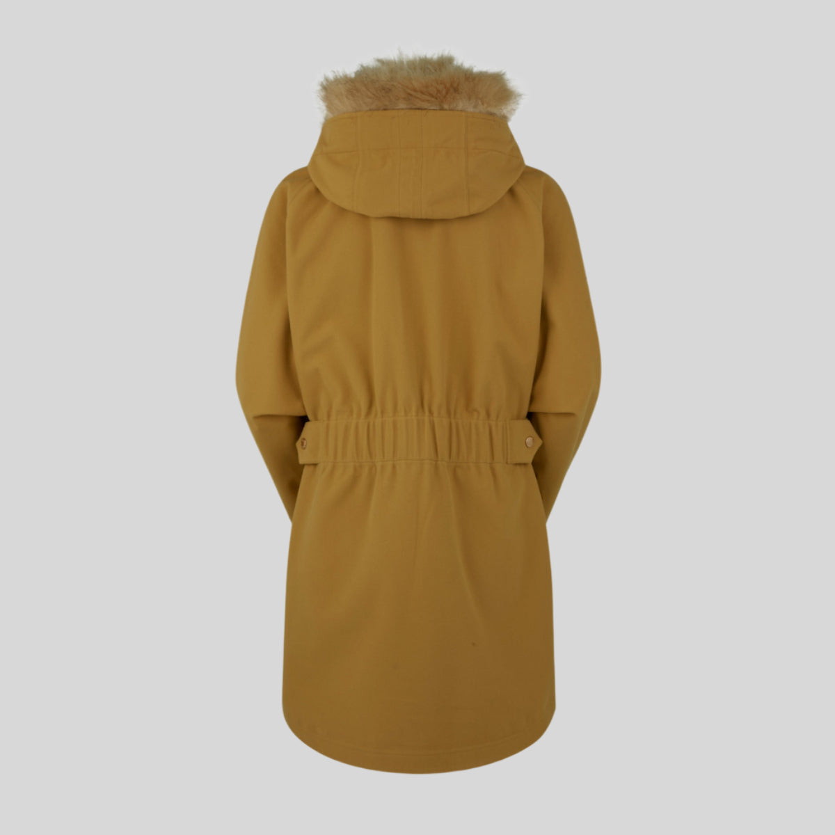 back of brown coat with fur hood on a white background
