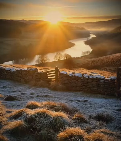 Sunrise over hills with snow and a river.