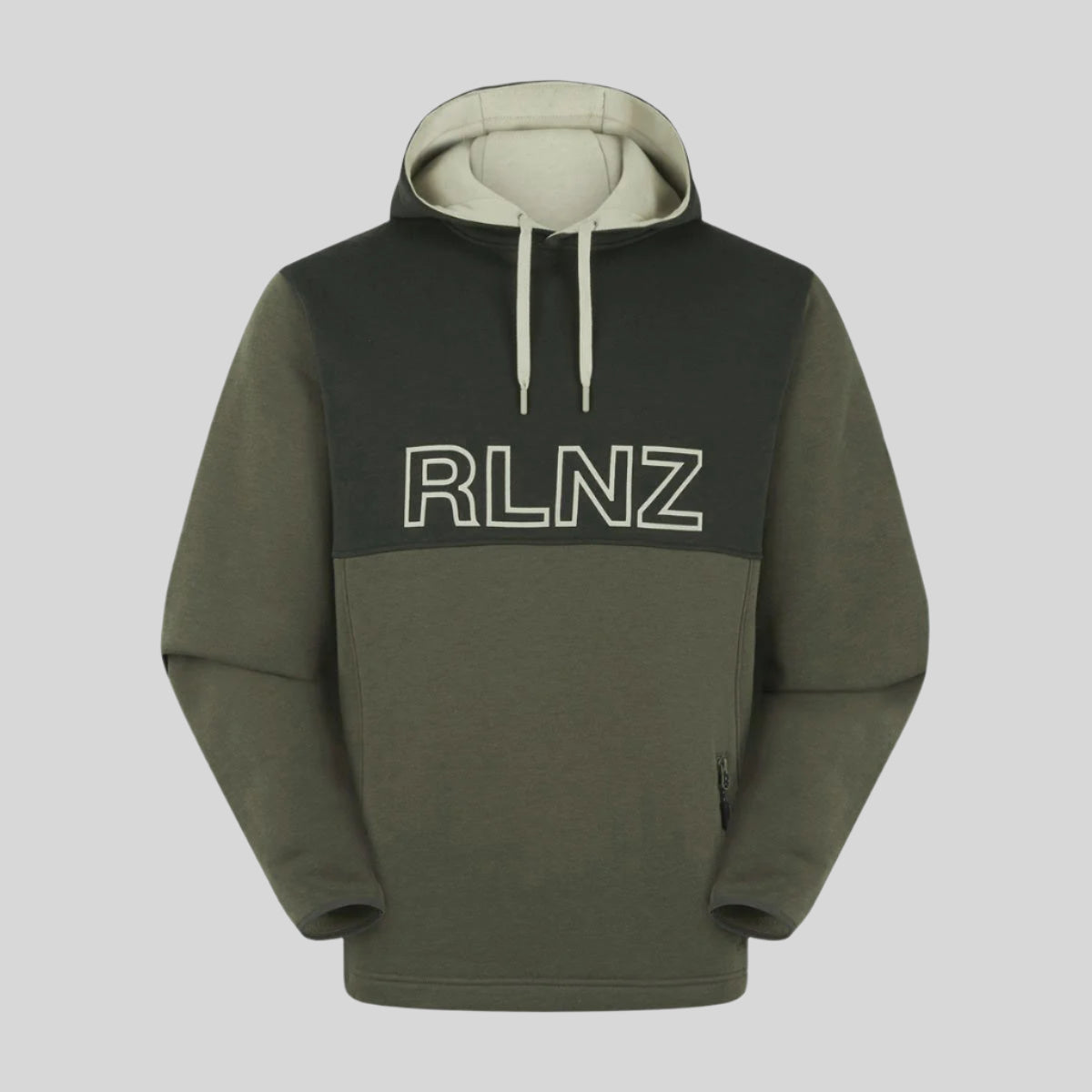 Two tone Green hoodie with 'RLNZ' logo on a white background