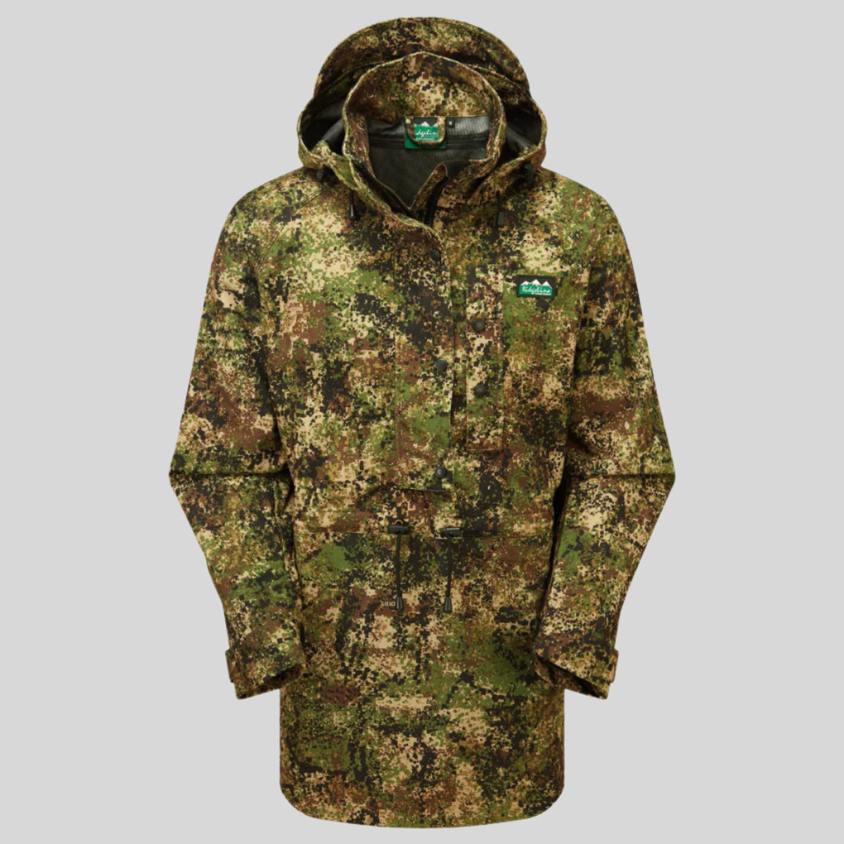 Camouflage jacket with a brand logo on a white background