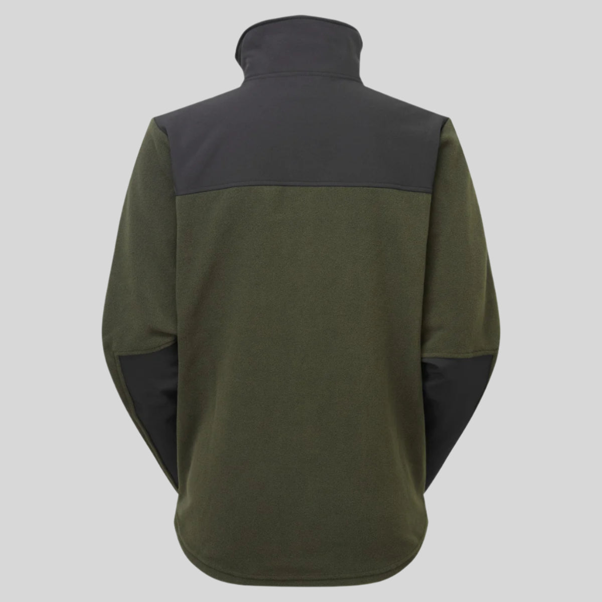 back view of black and green windproof fleece jacket on a white background