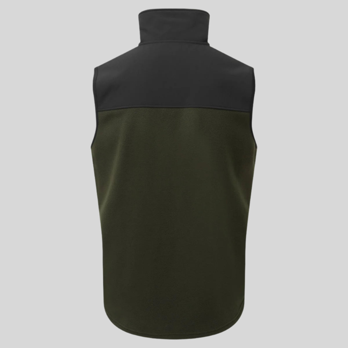 back view of black and green windproof fleece gilet on a white background