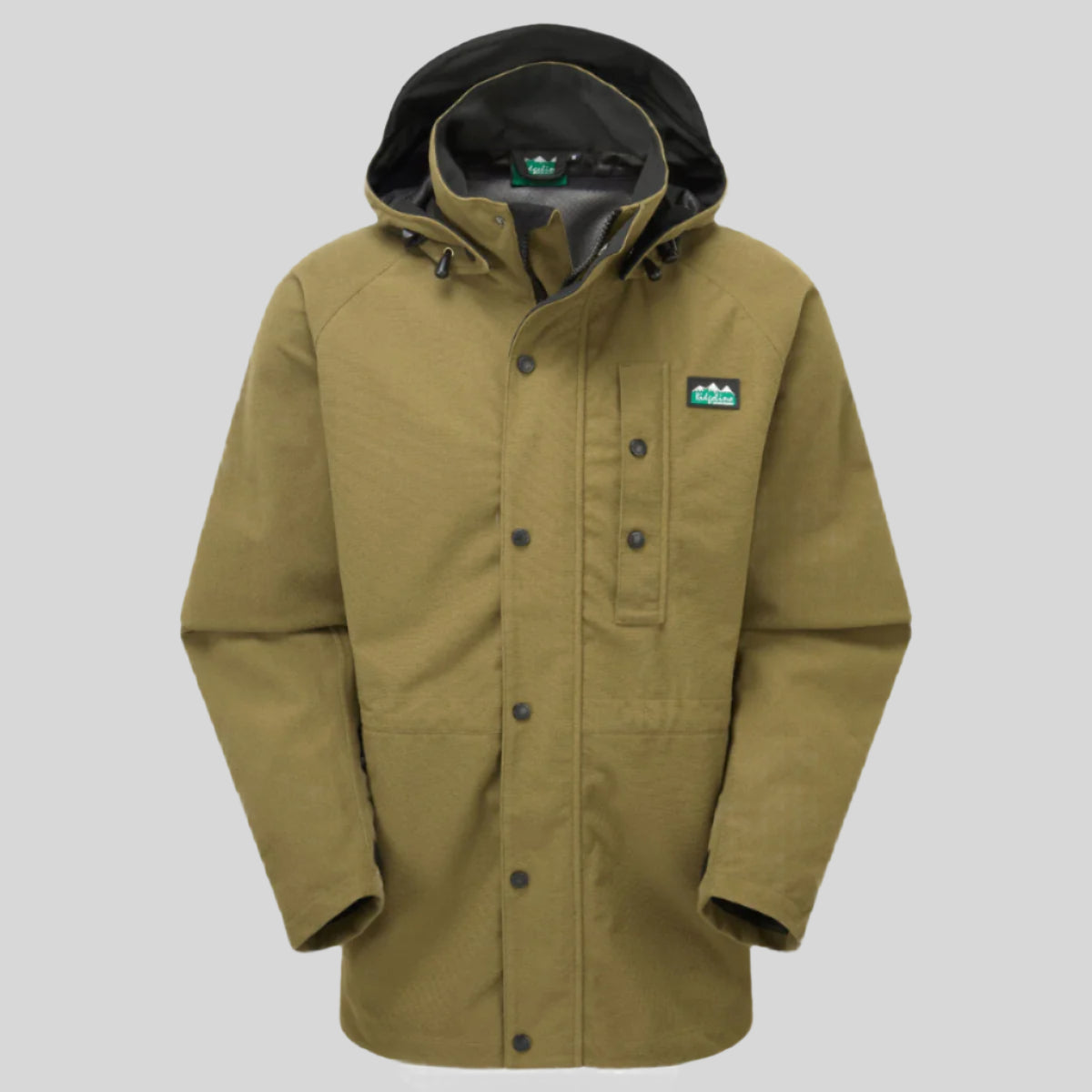 A Brown Monsoon Classic Jacket with a hood, featuring a full-length front zip, chest pocket, and wide cuffs with Velcro adjustments. on a white background