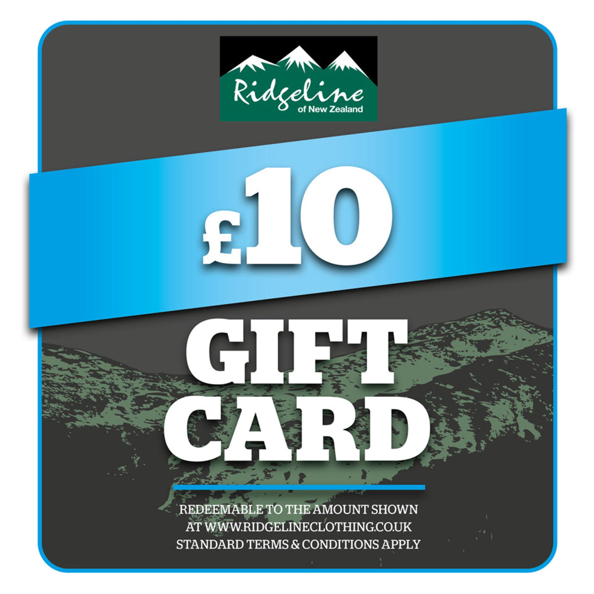 A digital gift card from Ridgeline Clothing with a value of £10. The card features a blue and green color scheme with text detailing the gift amount and the website where it can be used.