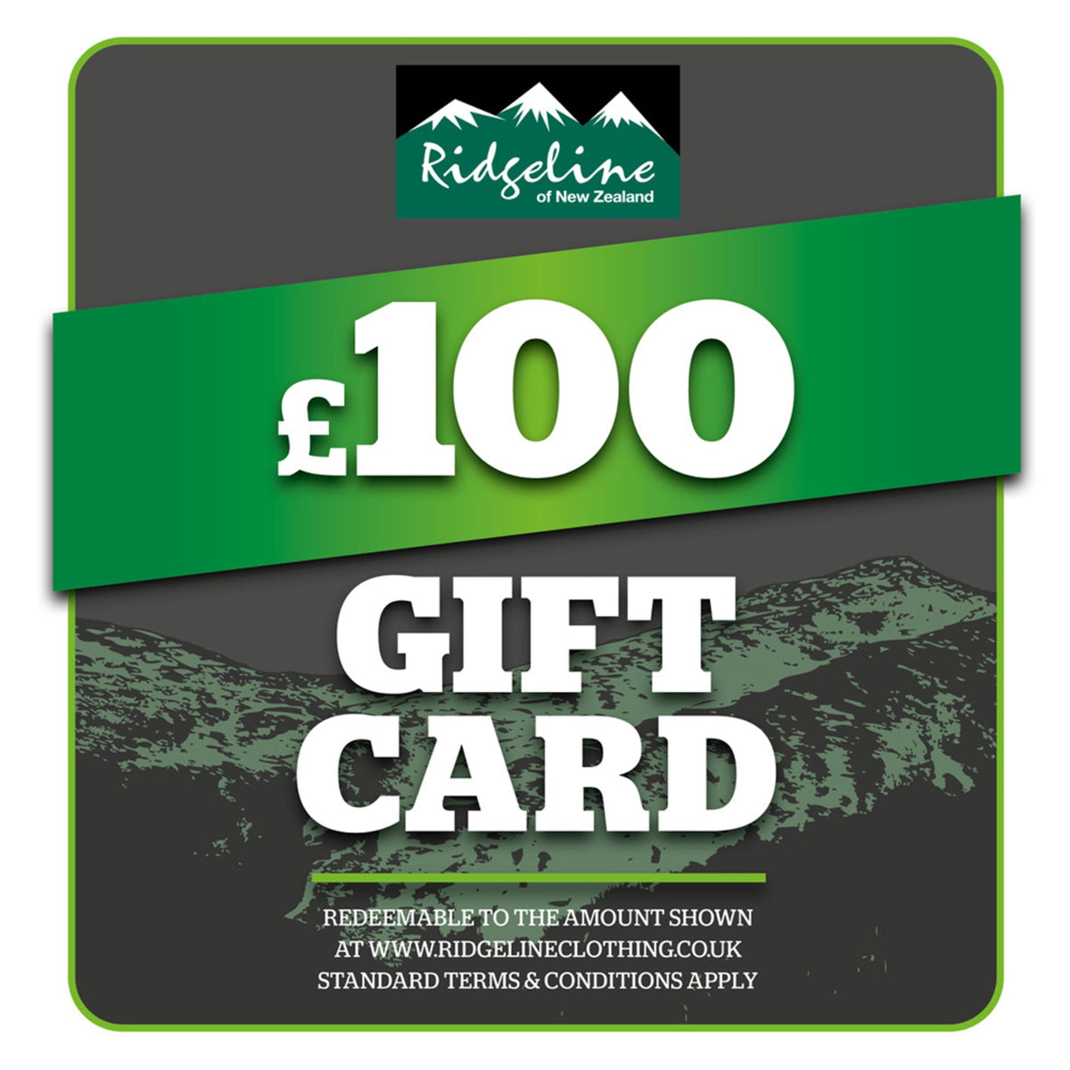 A digital gift card from Ridgeline Clothing with a green and black design featuring the brand's logo and a value of £100.